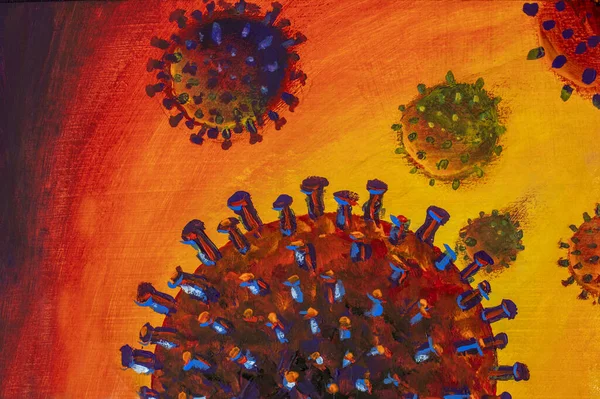 Chinese coronavirus COVID-19 under the microscope. Hand painted oil painting illustration