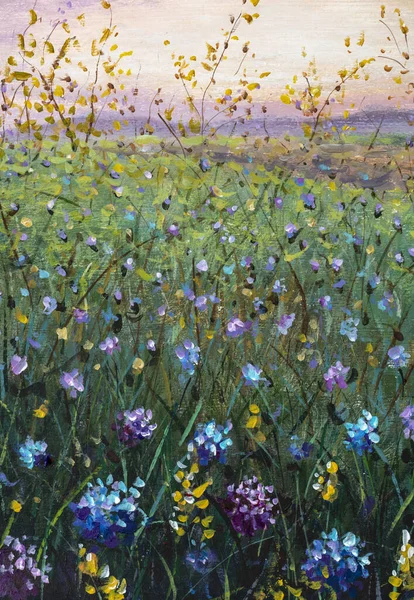 Flower field at sunset dawn - floral landscape oil painting on canvas. Beautiful flower summer field - wildflowers in the grass
