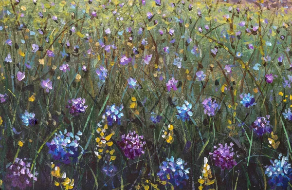 Flowers painting, blue yellow violet flowers in grass, oil paintings landscape impressionism artwork