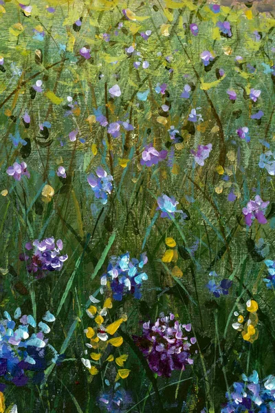 Flowers painting, blue yellow violet flowers in grass, oil paintings landscape impressionism artwork