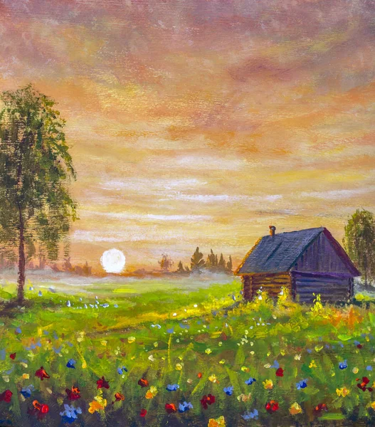 Beautiful Russian countryside landscape oil painting old wooden house in flower field at sunset. Russian birches in background. Fairytale kind illustration to book of fairy tales.