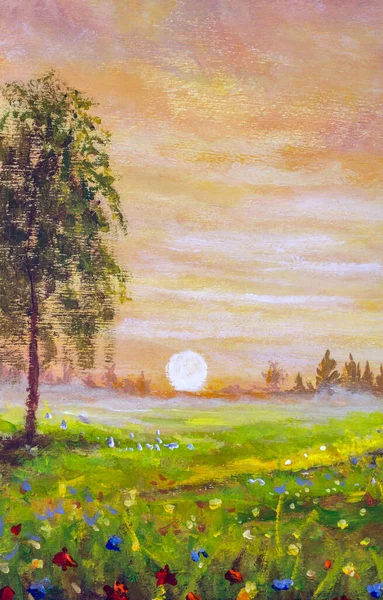 Beautiful Russian countryside landscape oil painting. Russian birches  in flower field at sunset.