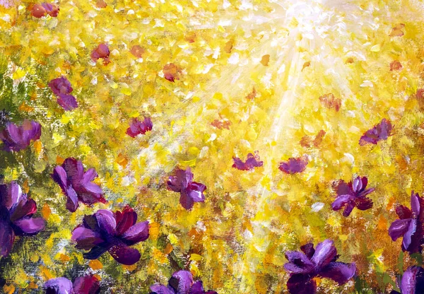 Original handmade flower oil painting Beautiful flowers in sun rays sunshine on orange warm autumn abstract floral background.