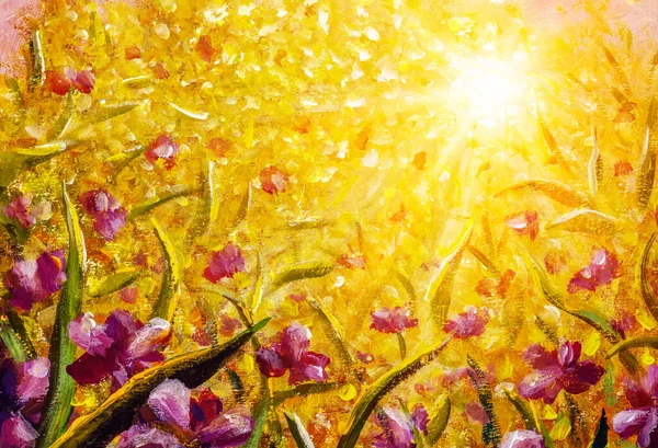 Original oil painting of flowers, beautiful pink purple flowers in sunshine on yellow background. Modern Impressionism artwork.