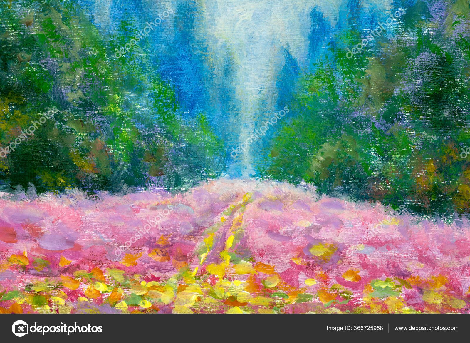 Oil painting landscape forest blooming glade flowers field river trees