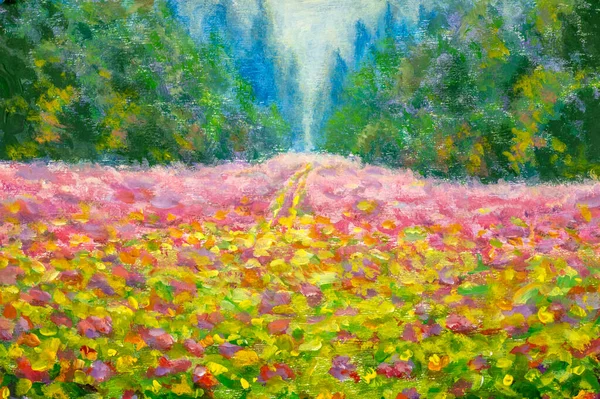 Original oil painting purple and yellow wildflowers in meadow field in forest park landscape nature