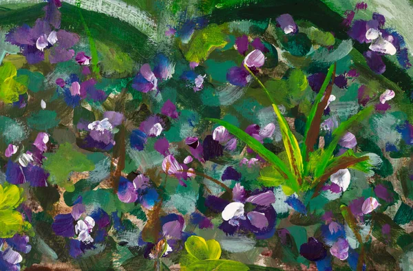 Flowers oil painting spring landscape art. Abstract acrylic art blue violet flower in spring grass by artist