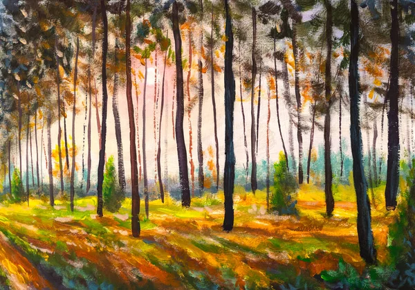 Forest Oil painting. Amazing autumn spring forest in morning sunlight. Green and yellow leaves on trees in woodland. Hand painted  park alley landscape artwork