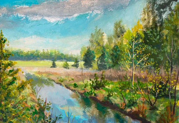 nature landscape oil painting - Green trees and bushes, lake stream river, spring sky hand painted by artist