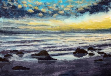 Картина, постер, плакат, фотообои "живопись маслом - красивый закат на берегу моря картина", артикул 374355094