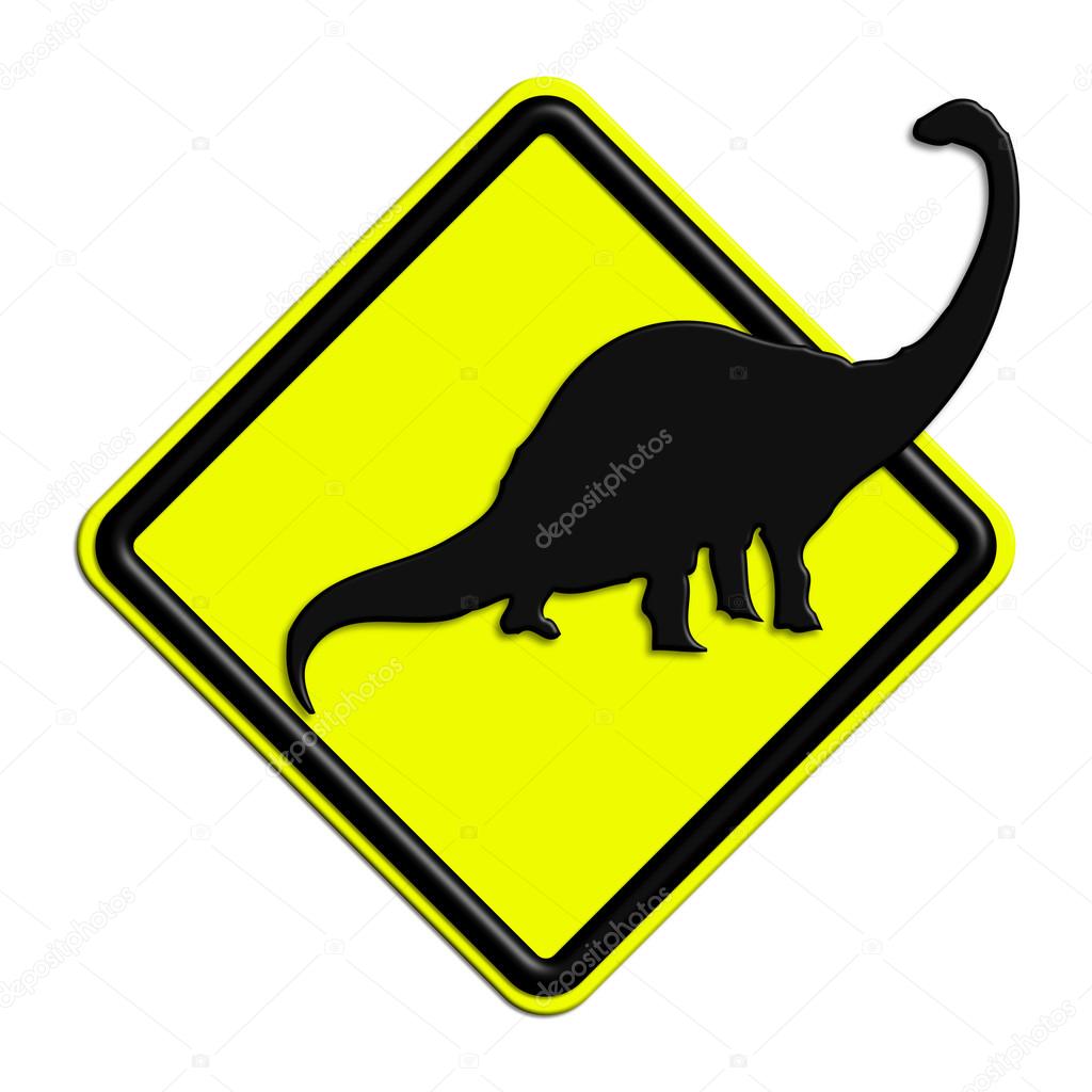 Warning or black and yellow caution sign with dinosaurs