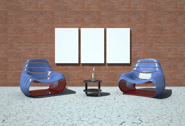 Farbige Wand mit 3D-Möbeln und weißen Gemälden — Stockfoto