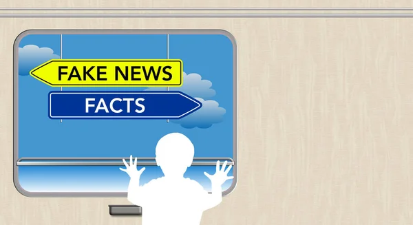 Dziecko patrzy z okna pociągu, fakty i fałszywe wiadomości Zarejestruj — Zdjęcie stockowe