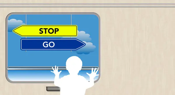 Niño mira por la ventana del tren, Stop and Go signo —  Fotos de Stock