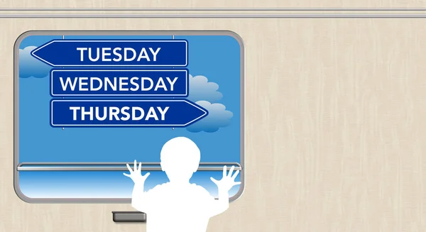 Child looks out the train window, Tuesday Wednesday Thursday sign — Stock Photo, Image