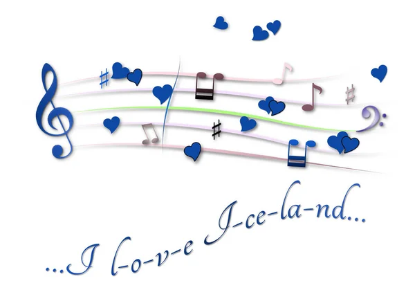 Partitura musical colorido Eu amo a Islândia — Fotografia de Stock