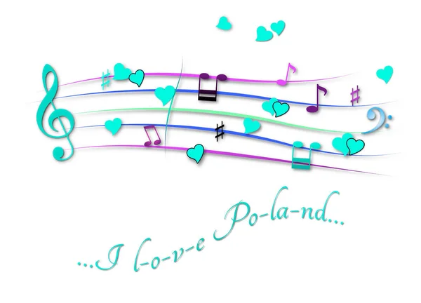 Pontuação musical colorido Eu amo a Polônia — Fotografia de Stock