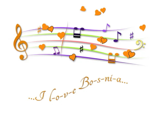Spartiti musicali colorati I love Bosnia — Foto Stock