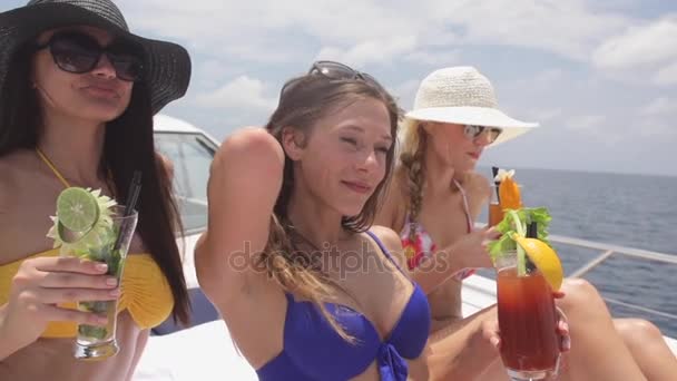Молодые женщины-друзья наслаждаются прохладительными напитками на лодке — стоковое видео