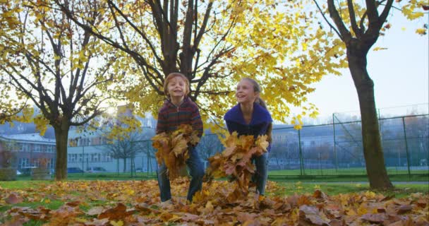 Chica y niño en el parque de otoño — Vídeo de stock