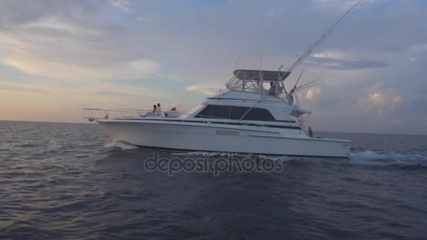 Side View Women Relaxing Moving Yacht Sunset — Stock Video