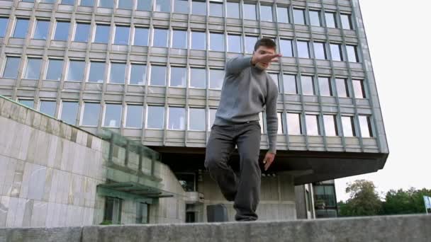Young Breakdancer Dancing Front Modern Building — Stock Video