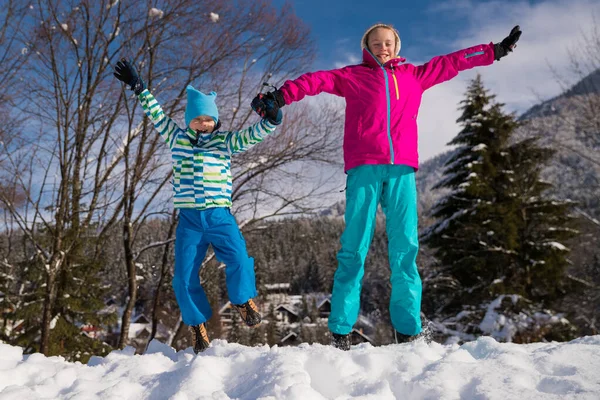 Siblings Having Fun Snow Sunny Day – stockfoto