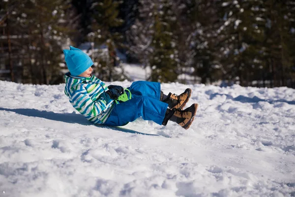 School Boy Having Fun Sunny Winter Day – stockfoto