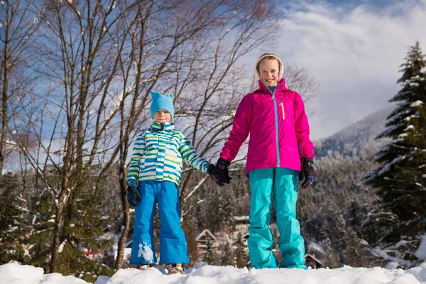 Siblings Holding Hands Snow Royaltyfrie stock-billeder