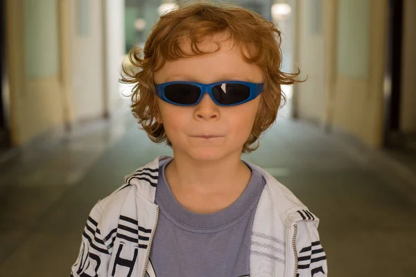 Portrait Shot Ginger Haired Boy Wearing His Sunglasses Holidays stockbilde
