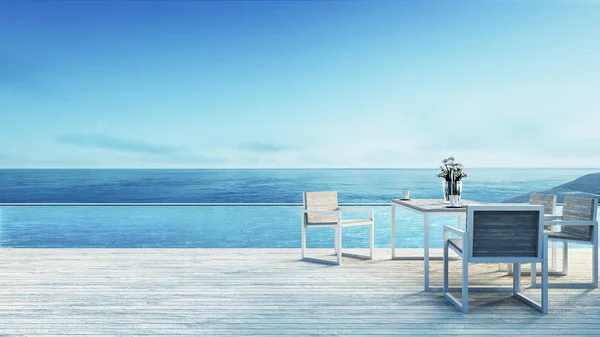 Spiaggia pranzo e vista mare / rendering 3d — Foto Stock