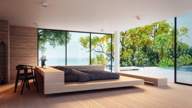 Modern Yatak odası - Deniz Manzaralı tatil ve yaz / 3d render iç