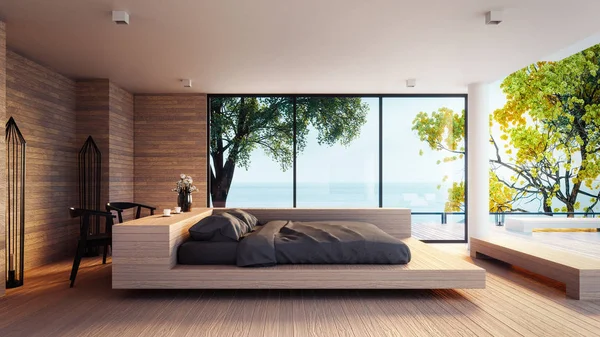 La camera da letto moderna vista mare per le vacanze e l'estate / 3d rendering interno — Foto Stock