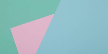 Mavi, yeşil ve pembe arkaplan, renkli kağıt geometrik olarak bölgelere bölünür, çerçeve, boşluk kopyala.