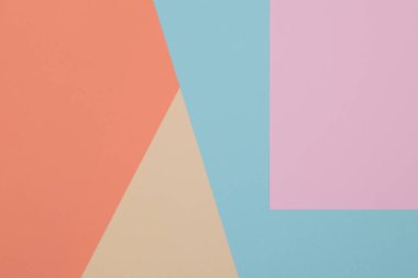 Mavi, sarı, turuncu ve pembe arkaplan, renkli kağıt geometrik olarak bölgelere bölünür, çerçeve, boşluk kopyala.