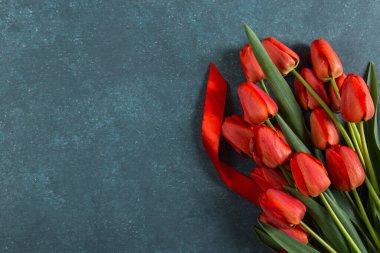 Kırmızı laleler mavi arka planda, kartpostallar boş, bahar tatili, Anneler Günü. Boşluğu kopyala.