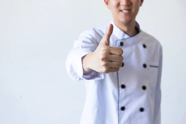 Glimlachen Van Chef Kok Duimen Opdagen Met Wit Copy Ruimte — Stockfoto