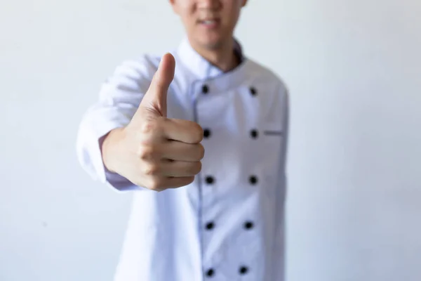 Glimlachen Van Chef Kok Duimen Opdagen Met Wit Copy Ruimte — Stockfoto