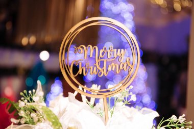 Neşeli Noel metni imzalamak topper sopa buketleri arka plan bokeh xmas ağacı ile tepesinde