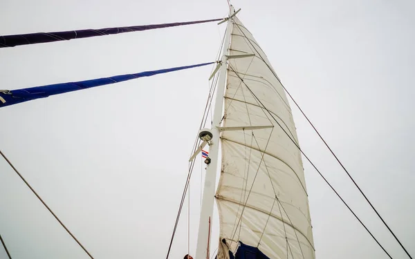 Vit segel av yacht ser upp till grå himmel — Stockfoto