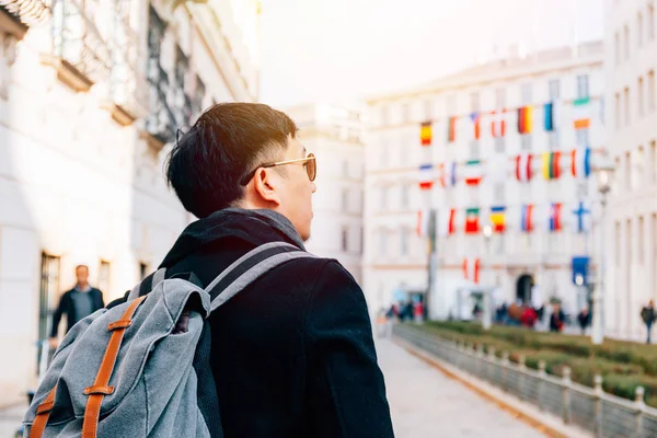 Молодой турист-азиат едет в Вену, Австрию, Европу с европейскими национальными флагами, висящими на заднем плане с копировальным пространством — стоковое фото