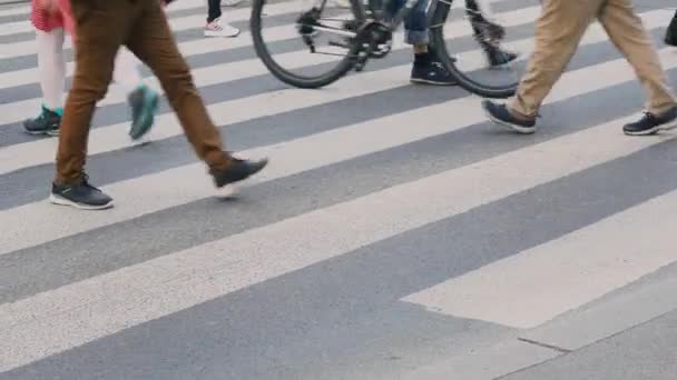 Overvolle voetgangers steken de straat over in de grote stad op een voetgangersoversteek — Stockvideo