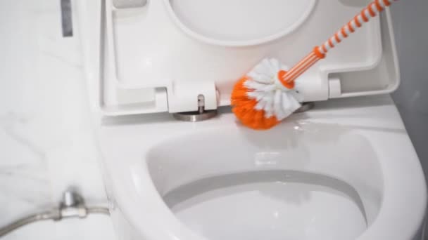 Guy washing toilet with brush — Stock Video