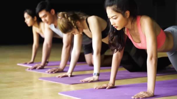 Группа азиатских женщин и мужчин, делающих упражнения по отжиманию на ковриках для йоги в классе аэробики. Молодые спортсмены работают вместе на полу в спортзале студии. — стоковое видео