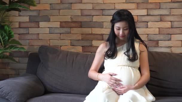 Έγκυος γυναίκα αγγίζοντας το μωρό μέσα στο στομάχι στον καναπέ — Αρχείο Βίντεο