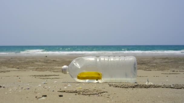 Vacío utiliza botella de plástico sucio en la playa en la gran ciudad. Contaminación ambiental y playa de arena sucia. Concepto de problema ecológico — Vídeo de stock