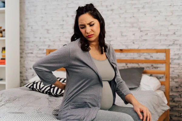 Asian mixed Caucasian pregnant woman suffering back pain sits on bed at home. — Stok fotoğraf