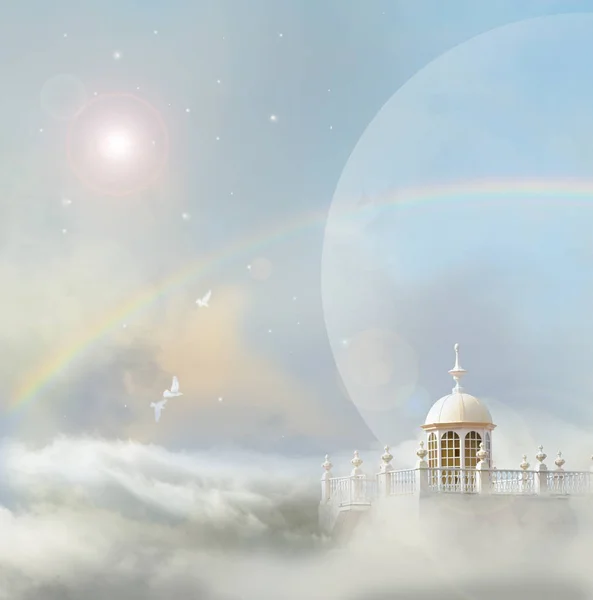 Dove wieża z rainbow — Zdjęcie stockowe