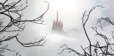 peri masalı, sarayda sis ile ön planda ürkütücü tres
