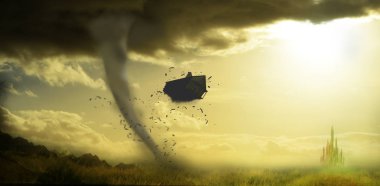 tornado destroying dorothys house with emerald city in background clipart